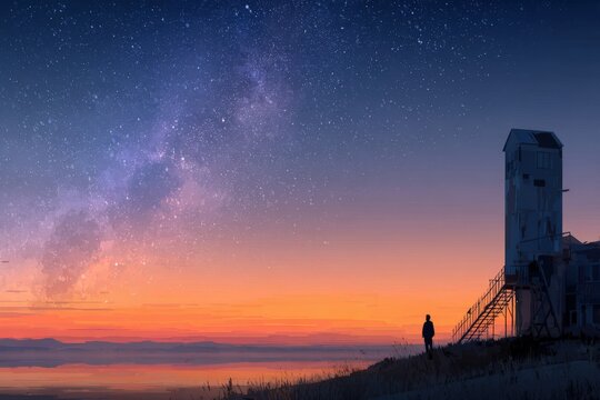 A man standing on top of a mountain looking at the stars