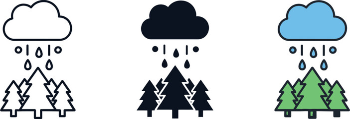 Cloud raining on a forest of pine trees icon set in three distinct styles isolated on white background, Vector