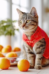 Domestic cat dressed in a red traditional outfit sits beside oranges on a wooden table, with a bowl of oranges and greenery visible in the background