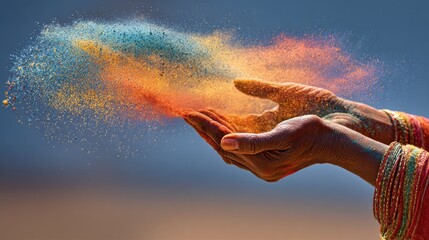 Indian woman hands releasing Holi pigments, colorful dynamic powder trails, cultural festivity and vibrant seasonal renewal
