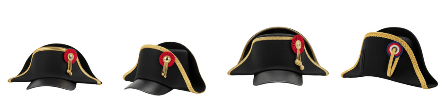 Premium Napoleonic Bicorn Hat Collection Featuring Classic Black Felt with Gold Trim and Tricolor Cockades Isolated on White Background PNG Mockup for Historical and Military Design