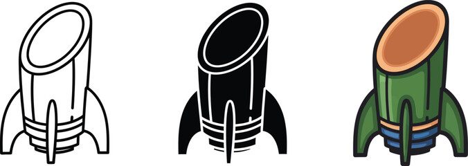 Illustration of a stylized rocket or mortar launcher in various design styles isolated on white background, Vector