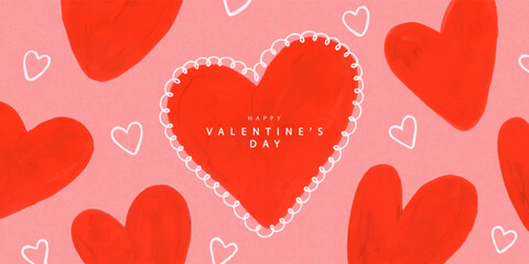 Obraz na płótnie Canvas Romantic banner with hearts in scenic watercolor style with white curly frame, for social media header and background for Valentine's Day advertising, vector illustration