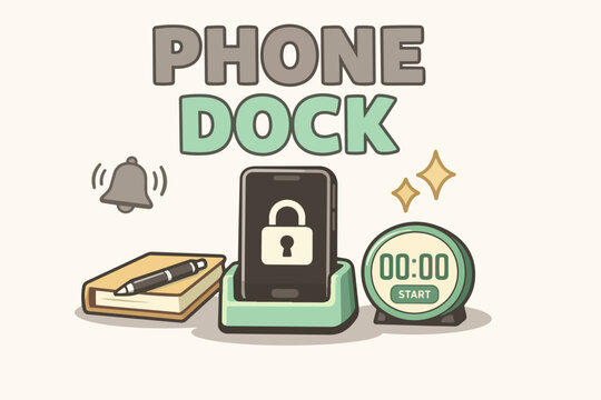Phone dock typography with locked smartphone stand, timer and focus routine