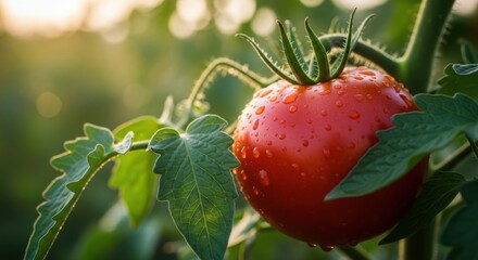 Obraz premium Fresh Red Tomato with Water Droplets on Vine in Sunlight
