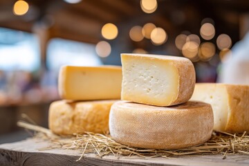 Rustic artisan cheese wheels and cut cheese displayed on wooden surface with straw, blurred market background featuring warm bokeh lights