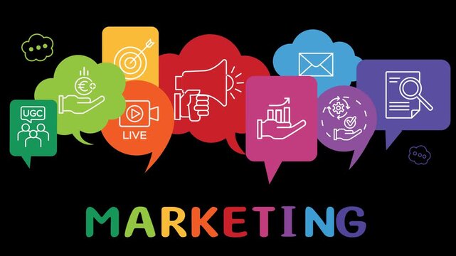 Marketing Concept Animation with Colorful Icons on Alpha Channel Transparency Background