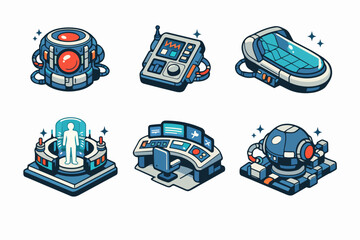 Obraz premium Retro futurism control bridge icon set with scanner platform and starship console