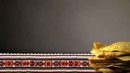 Rustic stack of pancakes on embroidered traditional table runner with copy space for food and holiday concepts
