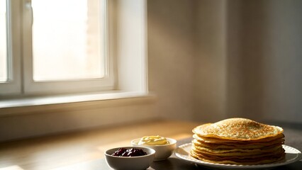 Cozy breakfast scene with stack of homemade pancakes served with jam and sour cream in warm morning light near window
