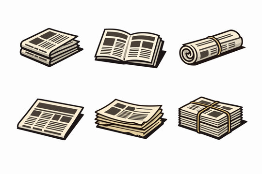 Retro newspaper icon set with folded and stacked press bundles