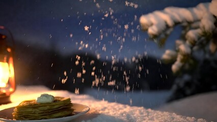 Winter evening outdoor scene with pancakes and falling snow illuminated by lantern creating warm festive atmosphere in snowy landscape
