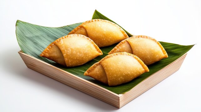 Golden fried curry puffs are beautifully displayed on a vibrant green leaf within a light wooden tray against a clean white background, a culinary delight.