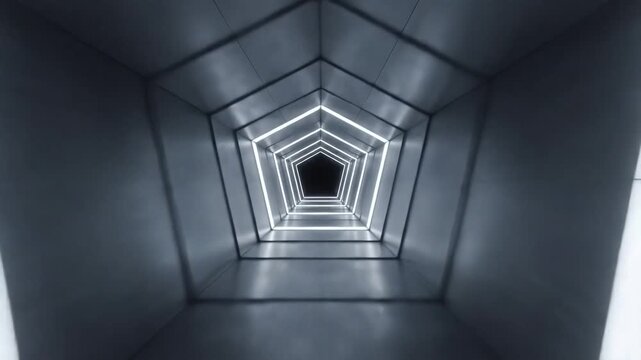 Futuristic Pentagonal Tunnel with Glowing Lights and Metallic Walls.