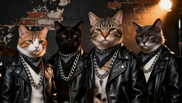 Rock band of Cats Wearing Leather Jackets 