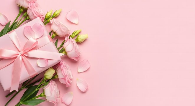 Beautiful pink flowers and gift box for mother's day celebration
