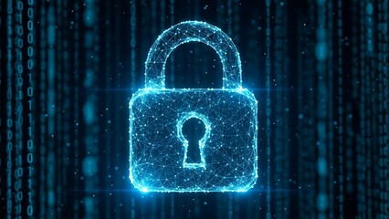 Glowing digital padlock created from connected dots, set against a falling binary code background