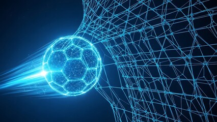 Glowing digital soccer ball streaks toward the net, abstract with neon lines in the dark