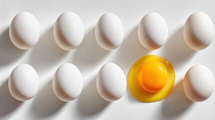 Quail eggs arranged in a minimalist grid with one cracked egg revealing bright yellow yolk on a smooth white surface, emphasizing simplicity and elegance