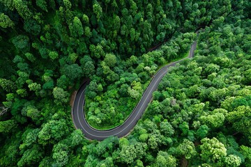 Aerial view of winding road surrounded by lush green forest  
