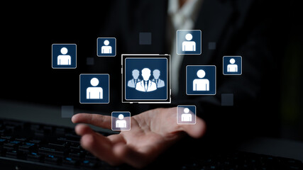 Fototapeta premium Concept of human resources and organizational structure. A professional team is shown within a corporate network, representing management, leadership, and collaboration. Fermion