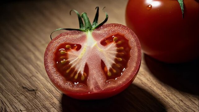 A close-up shot of a fresh red tomato cut in half, revealing its juicy interior and seeds, resting on a wooden surface.