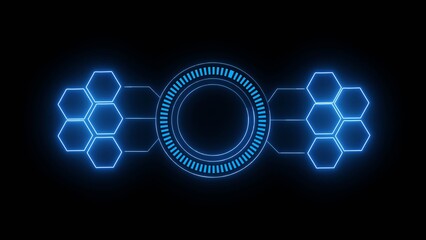 Glowing blue neon hexagons and circular interface on black background light technology
