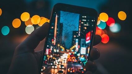 Hand holding a damaged smartphone displaying a nighttime city scene with bokeh lights