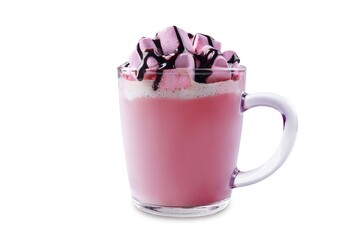 Red velvet hot cocoa drink with marshmallow topping on a white isolated background