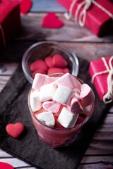 Red velvet hot cocoa drink with marshmallow topping
