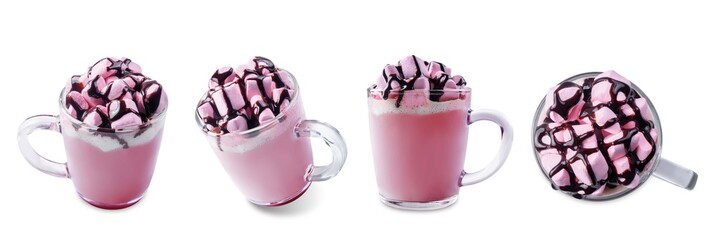 Red velvet hot cocoa drink with marshmallow topping on a white isolated background