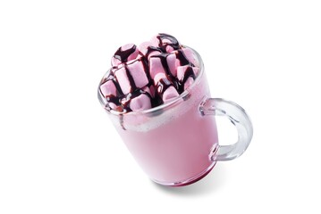Red velvet hot cocoa drink with marshmallow topping on a white isolated background