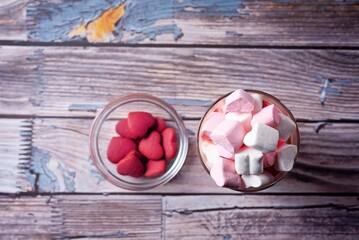 Red velvet hot cocoa drink with marshmallow topping