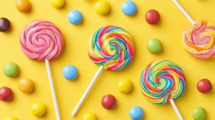 Colorful candy flat lay featuring rainbow lollipops and vibrant round candies on a bright yellow background, ideal for festive occasions and sweet treats