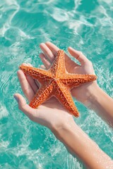 Hands gently holding a textured orange brown starfish above clear turquoise water, showcasing the intricate details of the marine creature in a natural setting