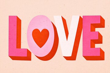 Retro typography illustration featuring the word LOVE in bold pink and red colors with a heart shape, ideal for Valentine's Day themes and romantic designs