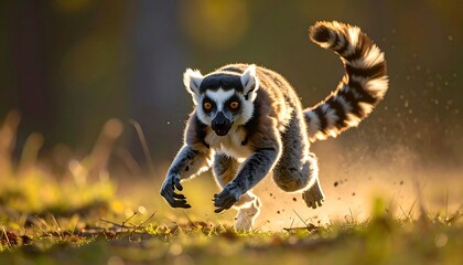 Obraz premium Ring-tailed lemur leaping through golden sunlit grass, face forward, tail erect, creating a dynamic, blurred action scene