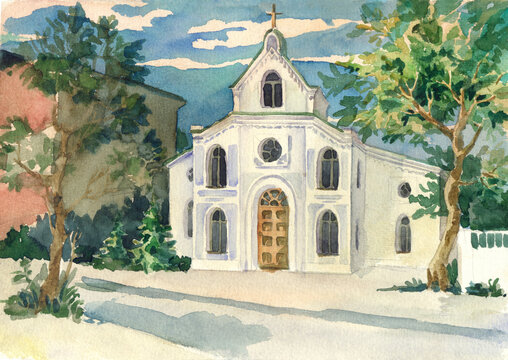Watercolor landscape. Trees near an old church.