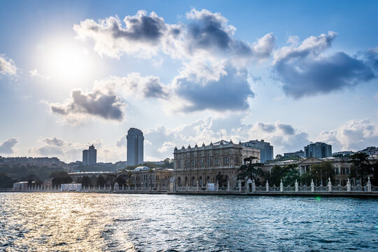 Dolmabahce Palace along the European shore of the Bosporus. Istanbul, Turkey.