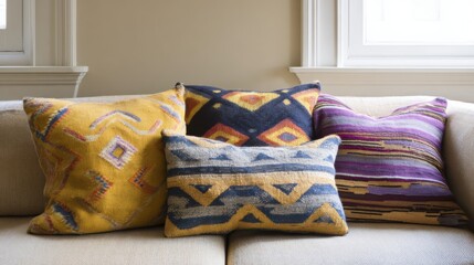 Afrohemian living room detail featuring a collection of decorative woven throw pillows in vibrant colors and patterns arranged on a neutral-toned sofa