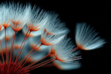 An artistic macro photograph of the plant's airborne seeds, with fine fibers covered in tiny droplets of moisture.  