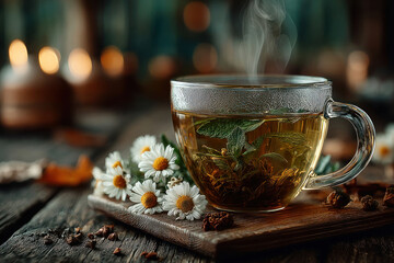 An atmospheric still life photograph of a clear cup of hot herbal tea, with light steam rising from it lifestyle, herbal medicine, autumn, and comfort.
