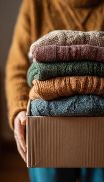 Warm Lifestyle Portrait of Person Donating Folded Sweaters in Cozy Home Setting