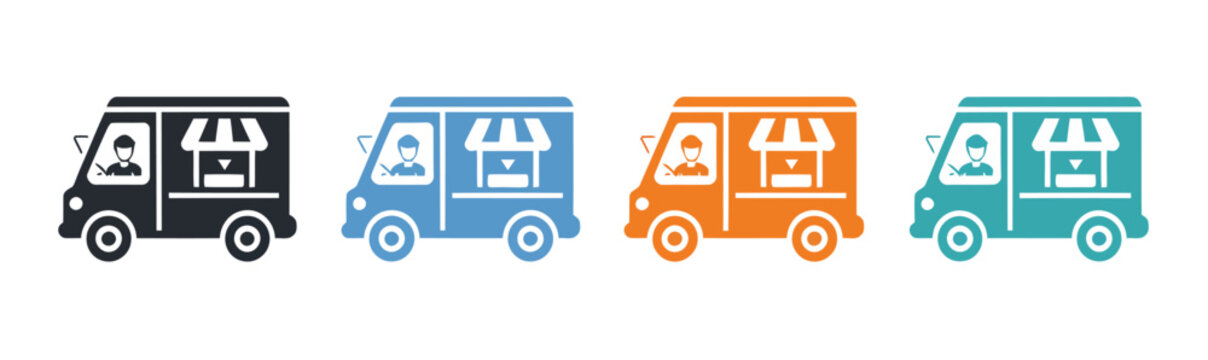 Food truck icon set, colorful street food delivery van symbols with vendor window and driver for mobile restaurant service, urban business and app design use.
