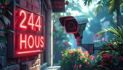 Security camera mounted near a red neon sign on a brick wall amidst lush foliage on a sunny day