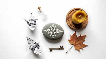 Overhead shot of decorative objects on white background; candle, stone, origami, key, leaf