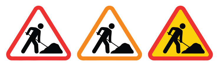 Road work construction warning signs set, triangular safety symbols showing worker digging for traffic control hazard alert and public road signage design. © Kayla Quentin
