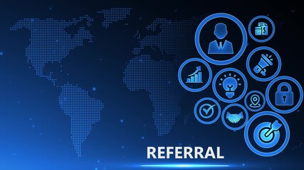 Referral Marketing Network Icons on Digital World Map Background, Business Growth Strategy and Global Connection Concept