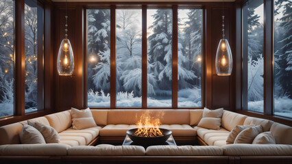 Luxury modern living room with fire pit and view of a snowy winter forest