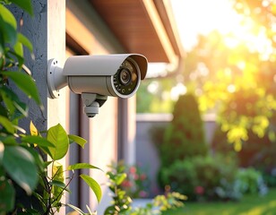 Security camera mounted on a building wall surrounded by greenery bathed in warm sunlight creating a secure home environment